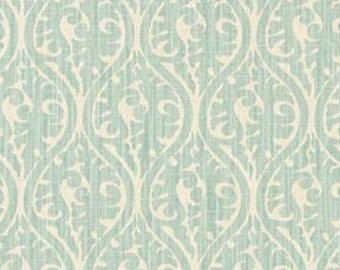 Soft Aqua on Natural Beige Trellis Print Fabric by the Yard Cotton Linen Blend Upholstery, Home Decor or Craft Fabric M835