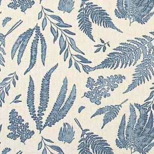Stonewash Blue Fern Botanical Print on Natural Beige Fabric by the Yard Designer Cotton Linen Upholstery, Home Decor or Craft Fabric M862