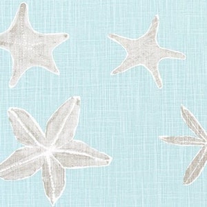 Starfish Print in Soft Aqua and Gray Slub Cotton Fabric by the Yard Drapery, Curtain, Upholstery Fabric Beach Coastal Home Decor Fabric M600