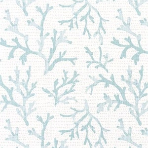Aqua and White Coral Print Slub Cotton Drapery or Upholstery Fabric by the Yard Shades of Aqua and White Sea Coral Home Decor Fabric M601