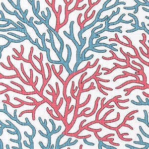 Coral Print Fabric in Blue and Coral on White Slub Cotton Fabric by the Yard Drapery, Curtain, Upholstery, Home Decor or Craft Fabric M756