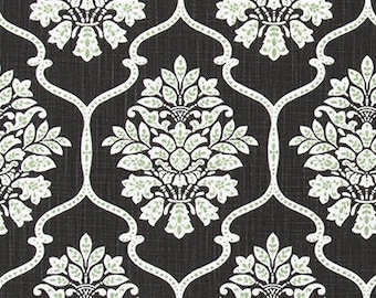 Black, White, and Green Floral and Geometric Fabric by the Yard Designer Slub Cotton Drapery Curtain Upholstery Home Decor Fabric M489