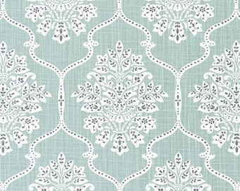 Floral Geometric Slub Cotton Fabric: Green, Cream Drapery Upholstery