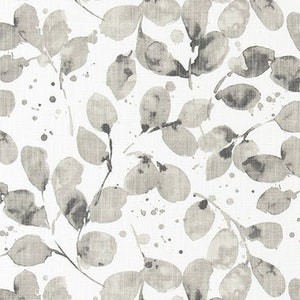 Leaf Print in Shades of Gray on White Slub Cotton Fabric by the Yard Gray and White Drapery, Curtain, Upholstery, or Home Decor Fabric M675