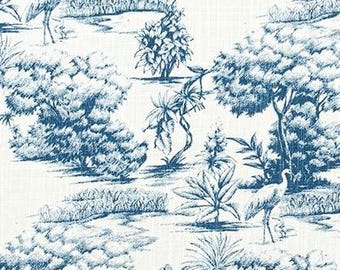 Tropical Toile Print in Shades of Blue on White Slub Cotton Fabric by the Yard:  Home Decor and Craft Fabric M942