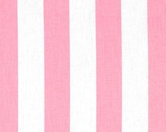 May include: A textile fabric featuring a repeating pattern of vertical stripes in alternating shades of light pink and white. The material displays a consistent woven texture throughout, with clean, straight lines running parallel across the surface.