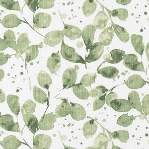 Leaf Print in Shades of Green on White Slub Cotton Fabric by the Yard Drapery, Curtain, or Upholstery, Green & White Home Decor Fabric M677