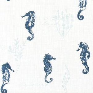 Navy & White Sea Horse Designer Coastal Fabric by the Yard Slub Cotton Canvas Drapery, Curtain, Upholstery, Home Decor or Craft Fabric M398