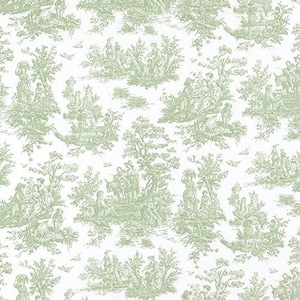 Sage Green on White Toile Fabric by the Yard Designer Cotton Drapery, Curtains, Craft or Upholstery Fabric, Pastoral Landscape Toile M341