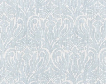 Soft Blue and Ivory Modern Damask Print Fabric by the Yard:  Cotton Slub Drapery, Home Decor or Craft Fabric M636