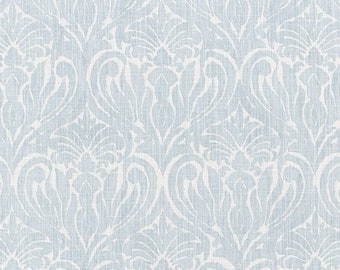 Soft Blue and Ivory Modern Damask Fabric by the Yard Designer Cotton Slub Curtain, Drapery, Upholstery, Home Decor or Craft Fabric M636