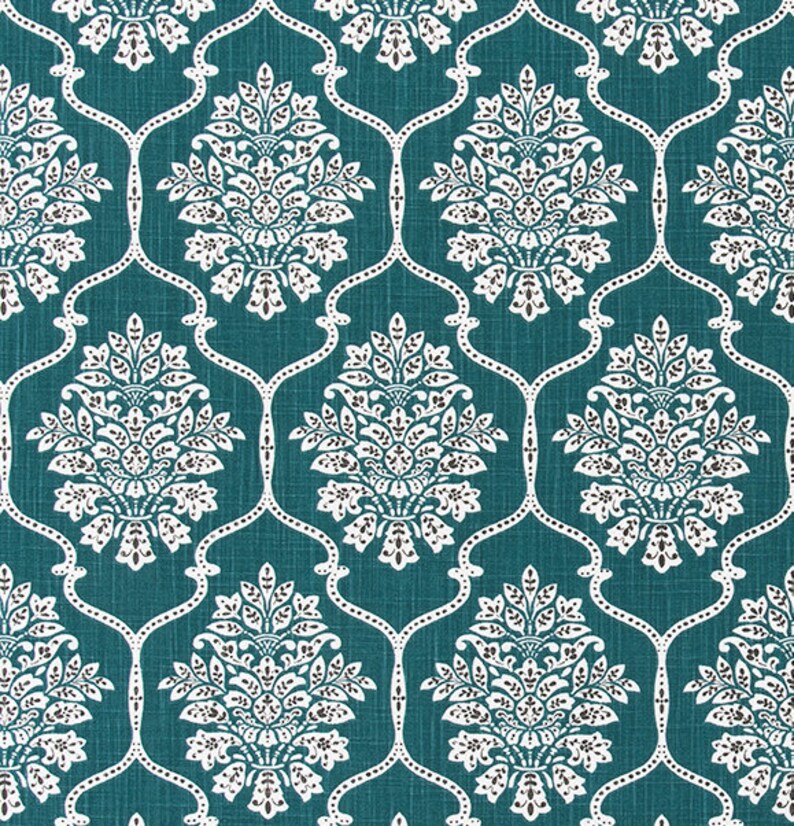 Dark Teal Charcoal And White Floral Geometric Fabric By Etsy