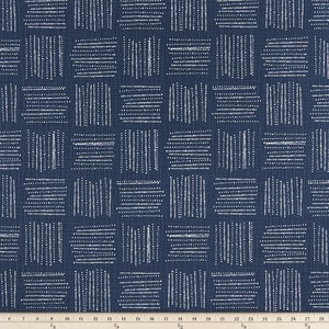 May include: A navy blue fabric with a white geometric pattern of squares and lines. The fabric has a subtle texture.