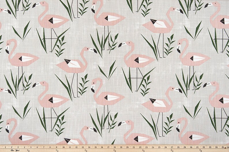 Pink and Green Slub Cotton Canvas M125 Pink Flamingo Designer Fabric by the Yard Home Decor Beach Cottage Craft Fabric Drapery Fabric Gray