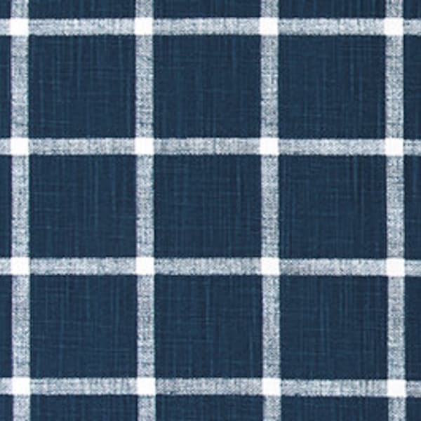 Navy and White Windowpane Checks Slub Cotton Drapery Curtain or Upholstery Fabric by the Yard Dark Blue & White Plaid Home Decor Fabric M399