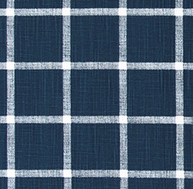 Navy and White Windowpane Checks Slub Cotton Drapery Curtain or Upholstery Fabric by the Yard Dark Blue & White Plaid Home Decor Fabric M399 image 1