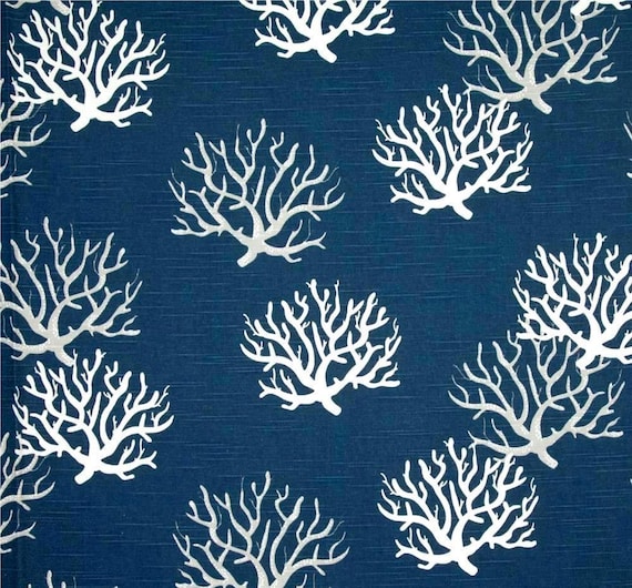 Navy, White and Gray Coastal Corals Fabric by the Yard Designer Nautical Slub Cotton Drapery Curtain or Upholstery Navy Beach Fabric M305