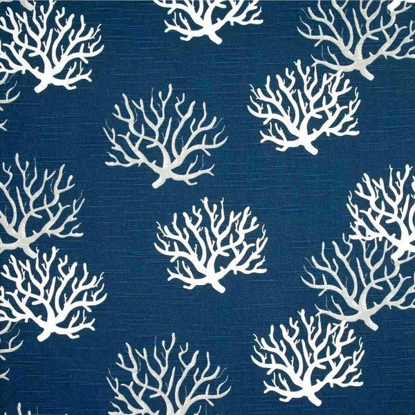 Navy, White and Gray Coastal Corals Fabric by the Yard Designer Nautical Slub Cotton Drapery Curtain or Upholstery Navy Beach Fabric M305
