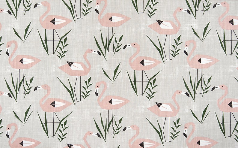 Pink and Green Slub Cotton Canvas M125 Pink Flamingo Designer Fabric by the Yard Home Decor Beach Cottage Craft Fabric Drapery Fabric Gray