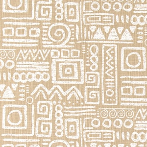 Tribal Glyphics in Neutral Tan & White Designer Fabric by the Yard Slub Cotton Drapery, Curtain, Upholstery, Craft or Home Decor Fabric M577