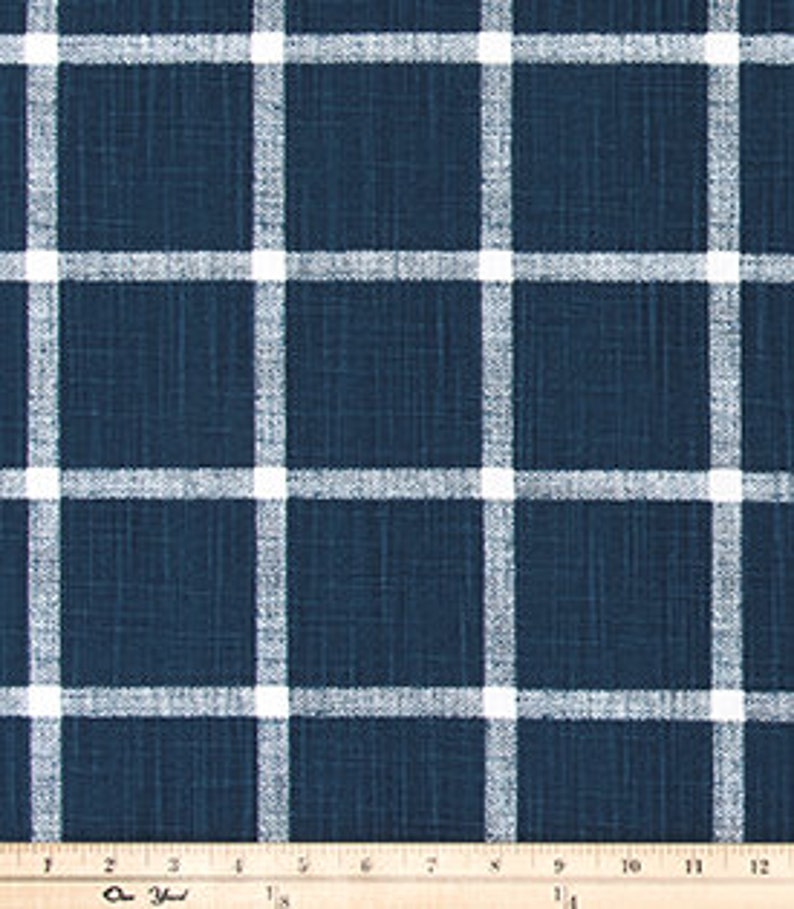 Navy and White Windowpane Checks Slub Cotton Drapery Curtain or Upholstery Fabric by the Yard Dark Blue & White Plaid Home Decor Fabric M399 image 2