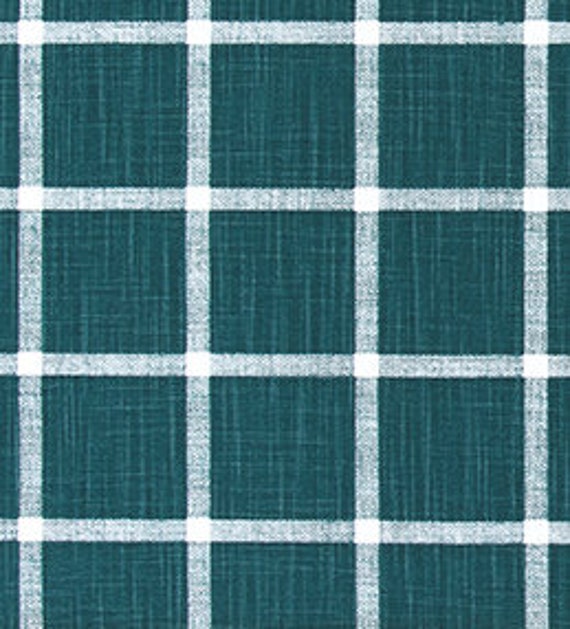 Dark Teal And White Windowpane Check Slub Cotton Drapery Etsy