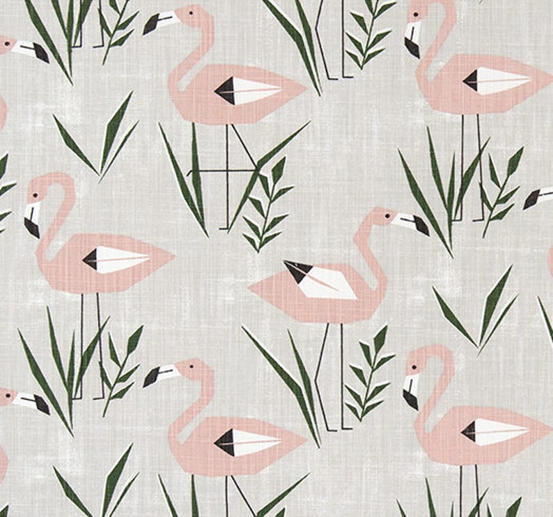 Pink and Green Slub Cotton Canvas M125 Pink Flamingo Designer Fabric by the Yard Home Decor Beach Cottage Craft Fabric Drapery Fabric Gray
