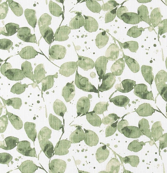 Leaf Print in Shades of Green on White Slub Cotton Fabric by Etsy