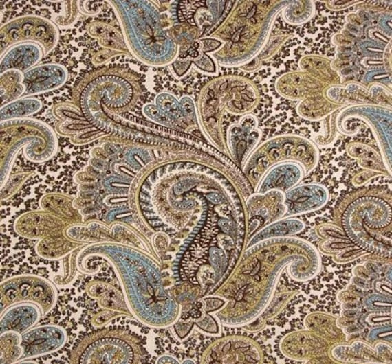 Paisley Print Fabric in Brown, Teal, Green and Beige Cotton