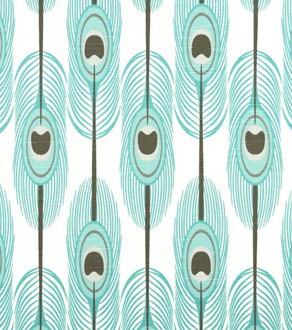 Turquoise Drapery Upholstery Fabric Cotton Slub Contempory Feather Design