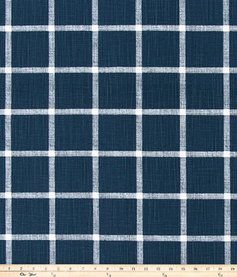 Navy and White Windowpane Checks Slub Cotton Drapery Curtain or Upholstery Fabric by the Yard Dark Blue & White Plaid Home Decor Fabric M399 image 3