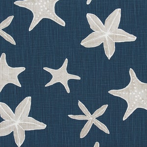 Starfish Print in Navy Blue and Sandy Gray Designer Drapery, Curtain or Upholstery Fabric Slub Cotton Beach Coastal Home Decor Fabric M511