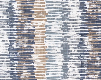 Abstract Stripe Cotton Slub Fabric: Blue, Gray, Tan Drapery Upholstery