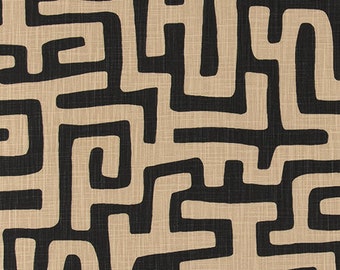 Tribal Maze Print in Black and Tan Designer Slub Cotton Drapery or Upholstery Fabric by the Yard Home Decor and Craft Fabric M651