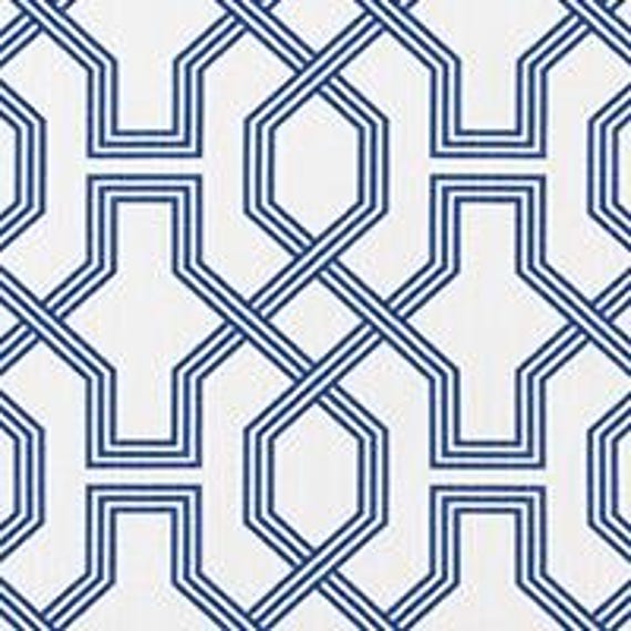 Blue Geometric Print on White Slub Cotton Drapery, Upholstery, Craft and Home Decor Fabric M561
