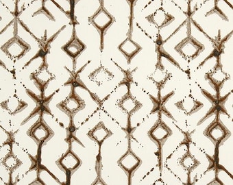 Tribal Geometric Print Fabric: Brown on Cream Cotton Canvas, Drapery & Upholstery