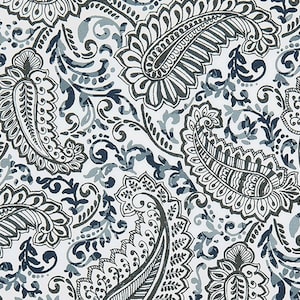 Charcoal, Slate Blue & Navy Modern Paisley Fabric by the Yard Indie Tropical Vines Cotton Drapery Curtains or Upholstery Fabric M383