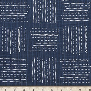 May include: Navy blue fabric with a white geometric pattern of small dots arranged in vertical lines and squares. The fabric has a subtle linen texture.