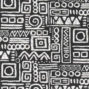 Tribal Glyphics in Black and White Designer Fabric by the Yard Slub Cotton Drapery, Curtain, Upholstery, Craft or Home Decor Fabric M575
