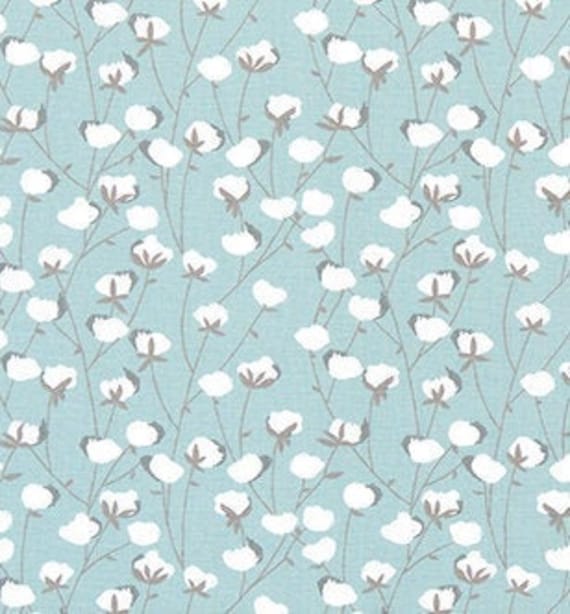 Farmhouse Blue and White Cotton Bolls Fabric by the Yard 