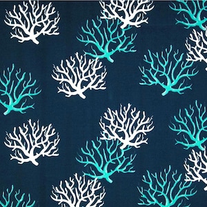 Outdoor or Indoor Navy Blue Coastal Coral Designer Fabric by the Yard Navy and Turquoise Contemporary Tropical Beach Easy Care Fabric M148