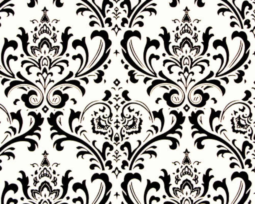 Black on White Damask Print Fabric by the Yard Designer Cotton Drapery, Curtain or Upholstery