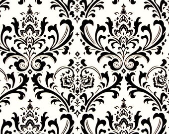 Black Damask Print Fabric: Designer Cotton Drapery & Upholstery