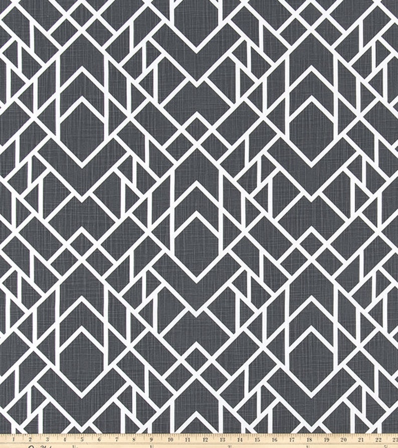 Charcoal Gray and White Geometric Fabric by the Yard Designer Slub Cotton Drapery, Curtain, Upholstery, Home Decor and Craft Fabric M685 image 2