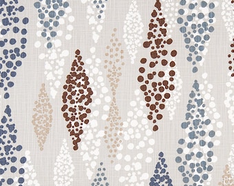 Abstract Waterfall Design in Shades of Blue, Brown, Tan, and White on Slub Gray Cotton Print Drapery or Upholstery - Home Decor Fabric M177