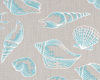 Turquoise Sea Shells on Gray Cotton Fabric:  Craft and Home Decor Fabric M167