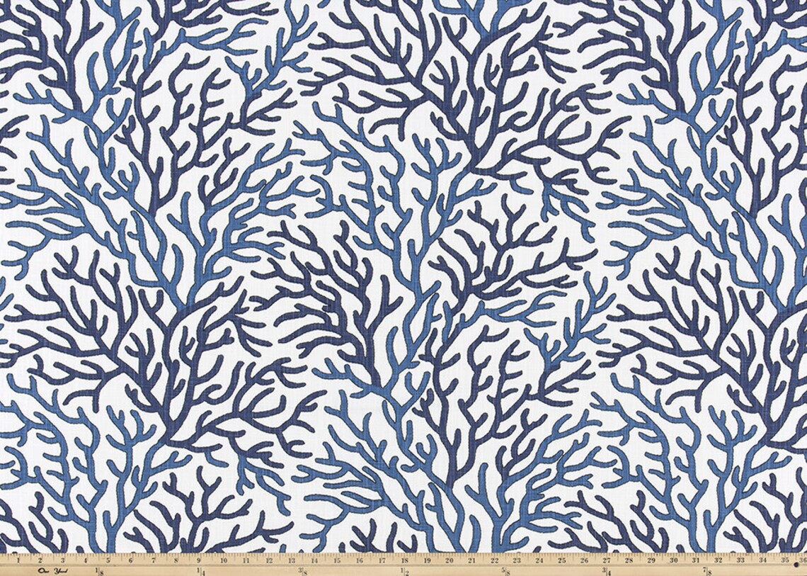 Coral Print Fabric in Shades of Blue on White Slub Cotton Etsy