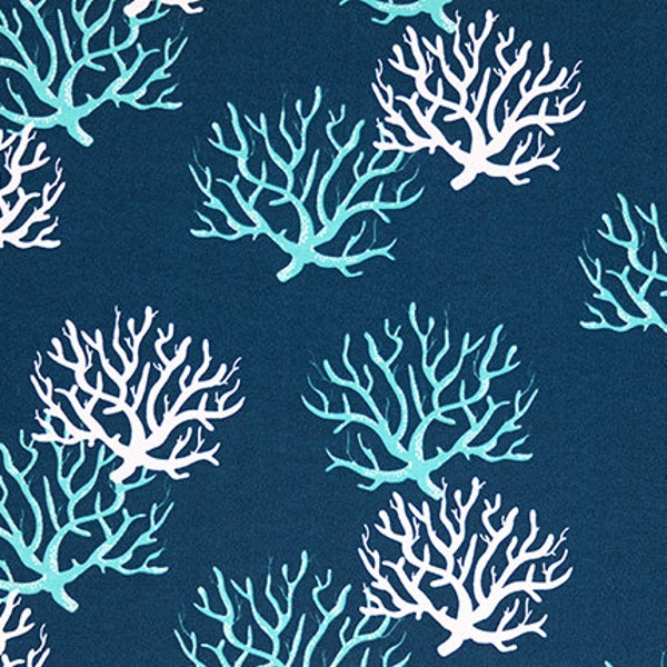 Indigo Blue & Turquoise Coastal Beach Fabric by the Yard Designer Tropical Corals Indoor or Outdoor Fabric Curtains Cushions Bag Fabric M148