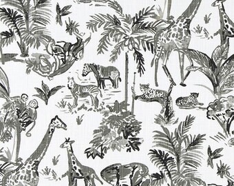 Safari Animal Toile Print in Shades of Black and Gray on White Slub Cotton Fabric by the Yard:  Home Decor and Craft Fabric M940