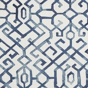 Blues and Soft White Asian Inspired Geometric Fabric by the Yard, Designer Slub Cotton Drapery, Curtain, Upholstery or Craft Fabric M515